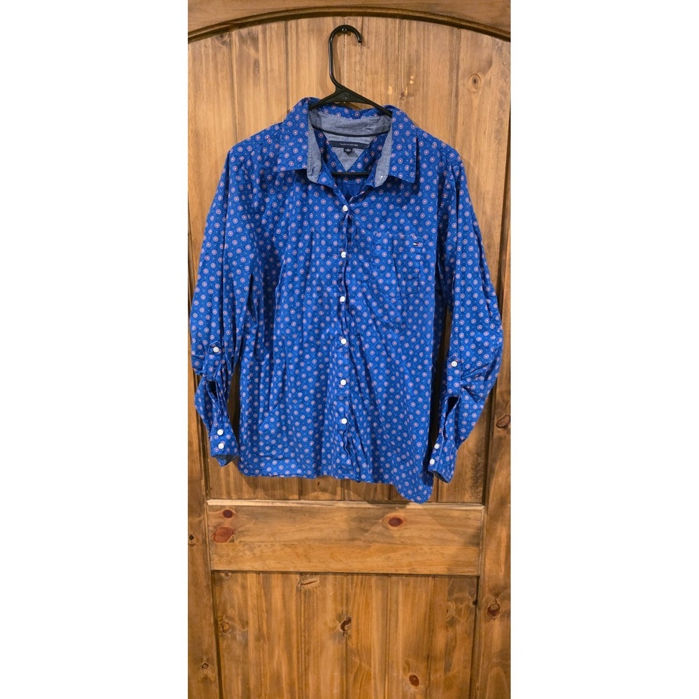 Tommy Hilfiger Button-Up Shirt Womens XL Blue All Over‎ Printed Roll-Tab Sleeve